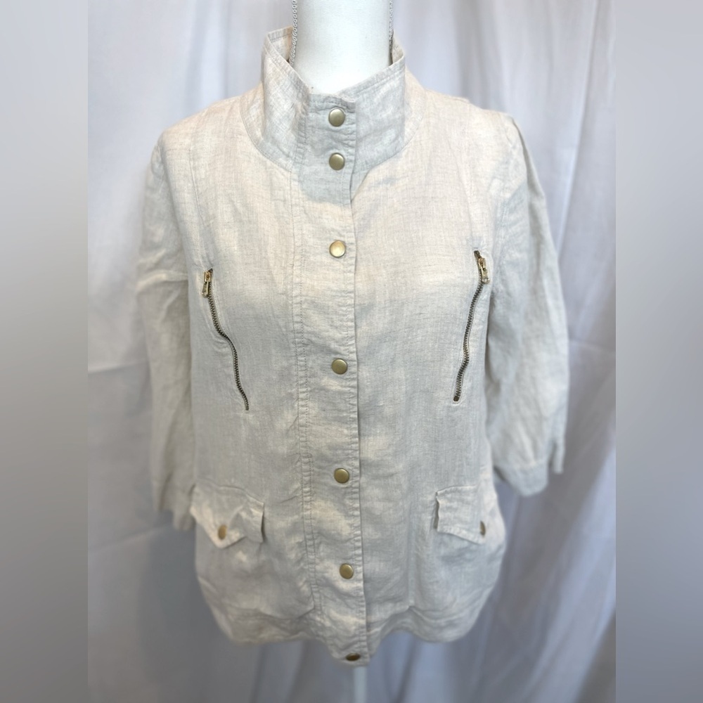 Chico's 100% Linen Size 2 3/4 Sleeve Jacket Beige W/Gold Accents